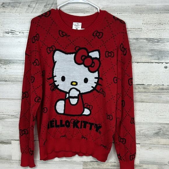 Hello Kitty by Sanrio Womens Sweater Size Medium Red Bow Pattern Long Sleeve - Picture 2 of 6